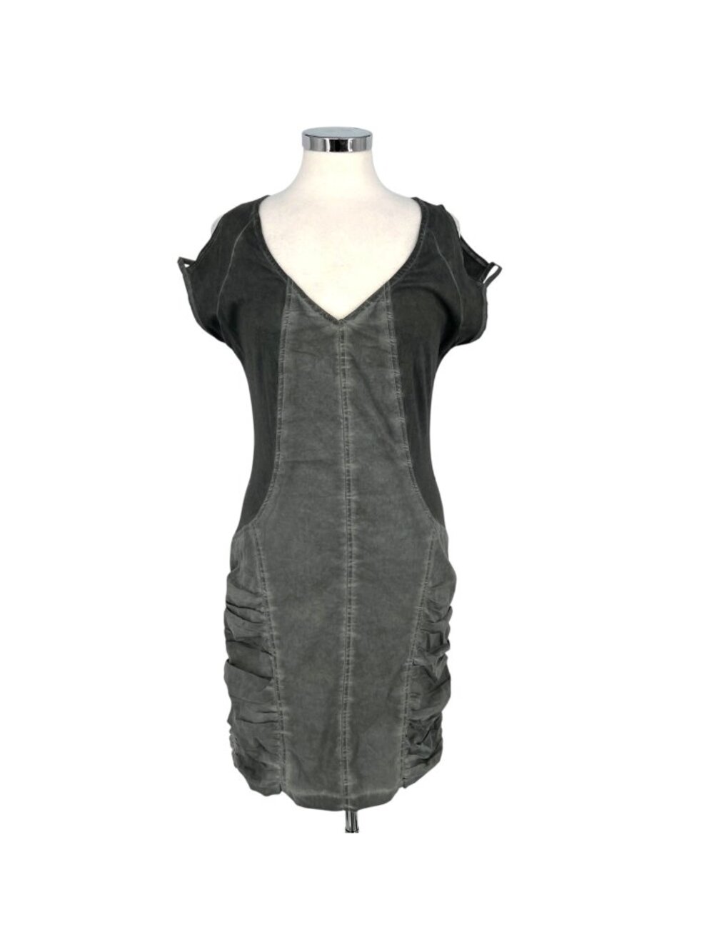 XCVI Grunge Utilitarian Muted Gray Ruched V-Neck Short Sleeve Dress Size Small